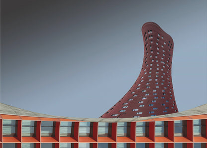 A modern architectural photograph showing a curved, maroon skyscraper twisting towards the sky against a gradient grey background. A lower, orange, grid-like building curves along the bottom of the frame. The entire scene is enclosed in a silver frame. Poster