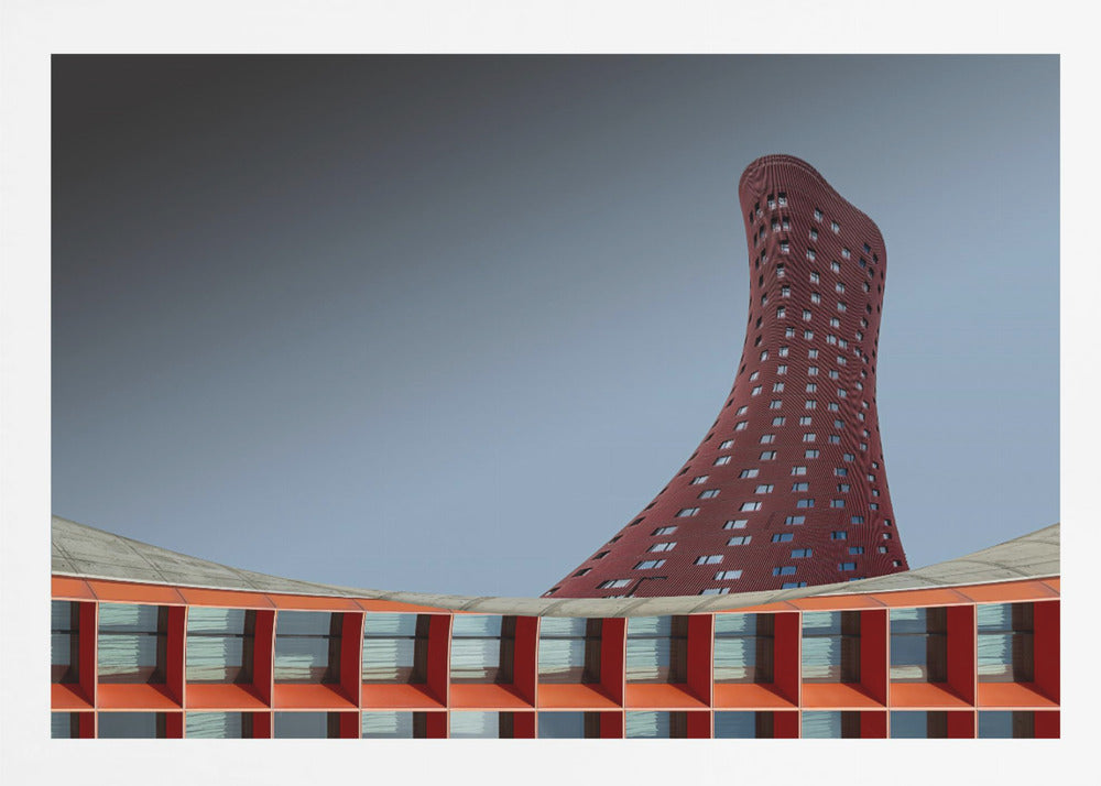 A modern architectural photograph showing a curved, maroon skyscraper twisting towards the sky against a gradient grey background. A lower, orange, grid-like building curves along the bottom of the frame. The entire scene is enclosed in a silver frame. Poster