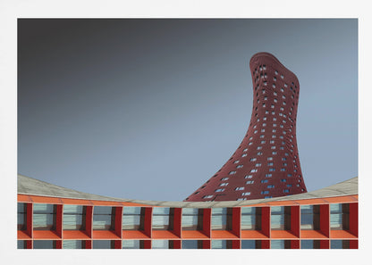 A modern architectural photograph showing a curved, maroon skyscraper twisting towards the sky against a gradient grey background. A lower, orange, grid-like building curves along the bottom of the frame. The entire scene is enclosed in a silver frame. Poster
