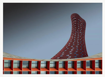 A modern architectural photograph showing a curved, maroon skyscraper twisting towards the sky against a gradient grey background. A lower, orange, grid-like building curves along the bottom of the frame. The entire scene is enclosed in a silver frame. Poster