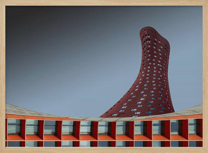 A modern architectural photograph showing a curved, maroon skyscraper twisting towards the sky against a gradient grey background. A lower, orange, grid-like building curves along the bottom of the frame. The entire scene is enclosed in a silver frame. Poster