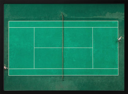 An aerial top-down photograph of a vibrant green tennis court with two players in the middle of a game, one on the far left and the other on the far right, all enclosed within a brushed silver frame. Print