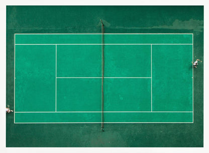 An aerial top-down photograph of a vibrant green tennis court with two players in the middle of a game, one on the far left and the other on the far right, all enclosed within a brushed silver frame. Print