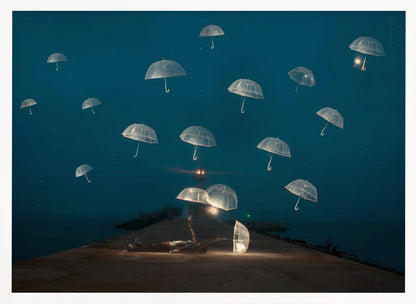 A surreal night scene with a person lying on a pier next to a glowing, transparent umbrella, while numerous other glowing umbrellas float like jellyfish in the dark blue sky above the sea, with a distant lighthouse in the background. Poster