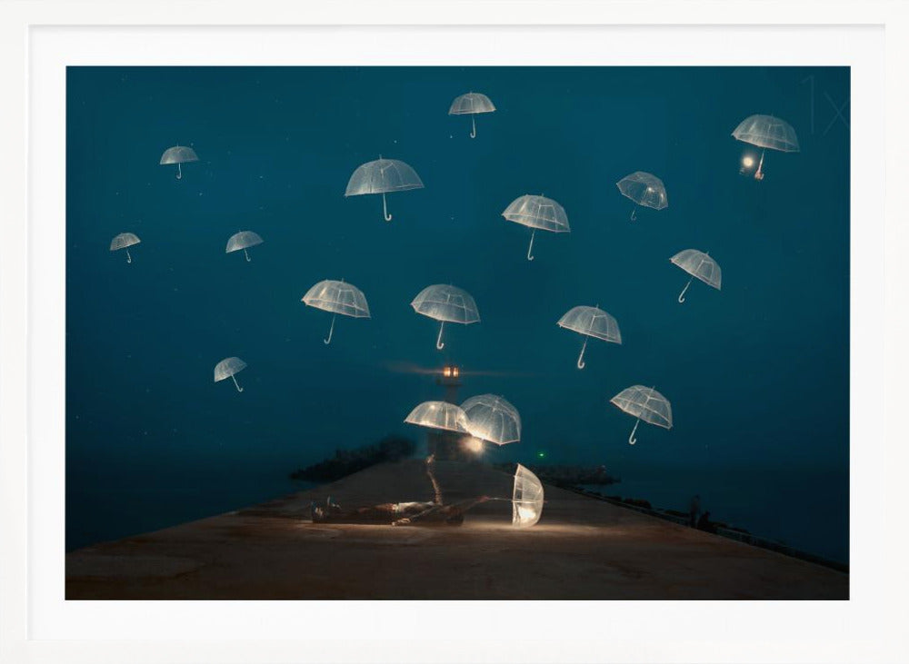 A surreal night scene with a person lying on a pier next to a glowing, transparent umbrella, while numerous other glowing umbrellas float like jellyfish in the dark blue sky above the sea, with a distant lighthouse in the background. Poster