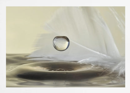 A high-speed macro photograph captures a perfectly spherical water droplet suspended in mid-air above a ripple on the water's surface. A soft white feather lies in the background, creating a serene and delicate composition with a neutral color palette, all enclosed in a brushed silver frame. Wall Art