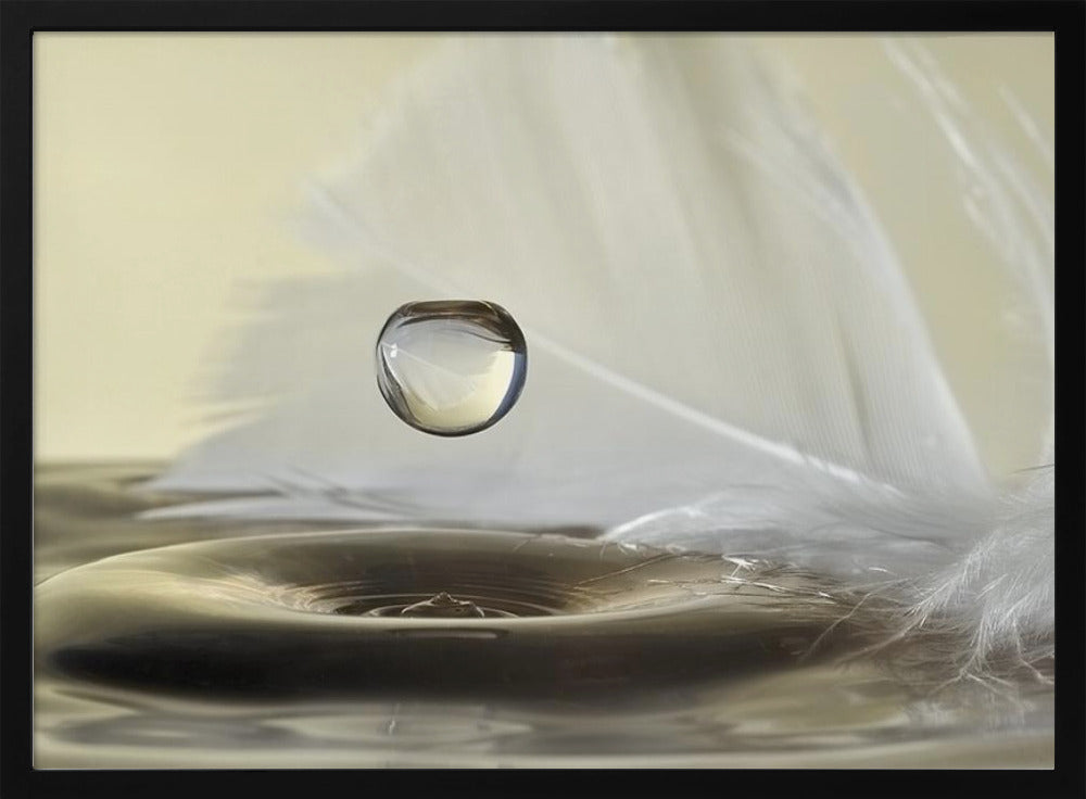 A high-speed macro photograph captures a perfectly spherical water droplet suspended in mid-air above a ripple on the water's surface. A soft white feather lies in the background, creating a serene and delicate composition with a neutral color palette, all enclosed in a brushed silver frame. Wall Art