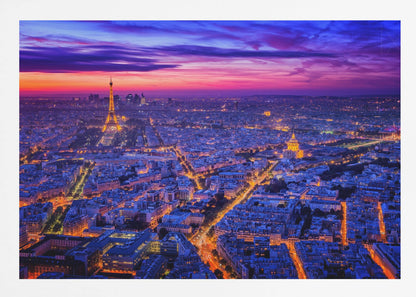 An aerial panoramic view of Paris at dusk, with the cityscape illuminated in cool blue and warm yellow lights. The Eiffel Tower is prominently lit on the left under a dramatic sunset sky transitioning from orange and pink to deep purple. Poster