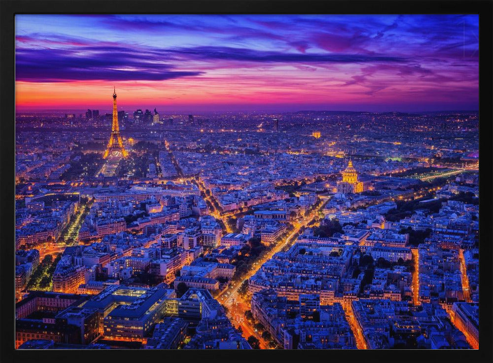 An aerial panoramic view of Paris at dusk, with the cityscape illuminated in cool blue and warm yellow lights. The Eiffel Tower is prominently lit on the left under a dramatic sunset sky transitioning from orange and pink to deep purple. Poster