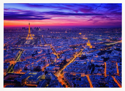 An aerial panoramic view of Paris at dusk, with the cityscape illuminated in cool blue and warm yellow lights. The Eiffel Tower is prominently lit on the left under a dramatic sunset sky transitioning from orange and pink to deep purple. Poster