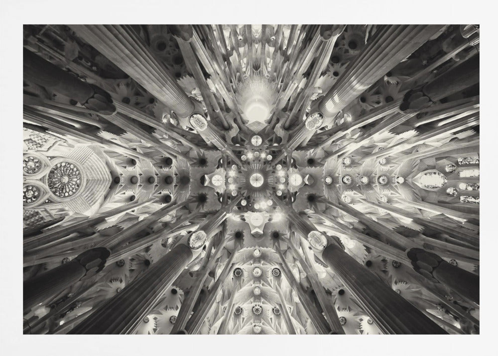 A framed black and white photograph captures the breathtaking, symmetrical ceiling of Gaudí's Sagrada Familia basilica, viewed directly from below. The massive columns rise and branch out like a forest canopy, creating a complex and mesmerizing architectural pattern of vaults, ribs, and skylights. Artwork