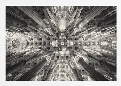 A framed black and white photograph captures the breathtaking, symmetrical ceiling of Gaudí's Sagrada Familia basilica, viewed directly from below. The massive columns rise and branch out like a forest canopy, creating a complex and mesmerizing architectural pattern of vaults, ribs, and skylights. Artwork