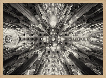 A framed black and white photograph captures the breathtaking, symmetrical ceiling of Gaudí's Sagrada Familia basilica, viewed directly from below. The massive columns rise and branch out like a forest canopy, creating a complex and mesmerizing architectural pattern of vaults, ribs, and skylights. Artwork