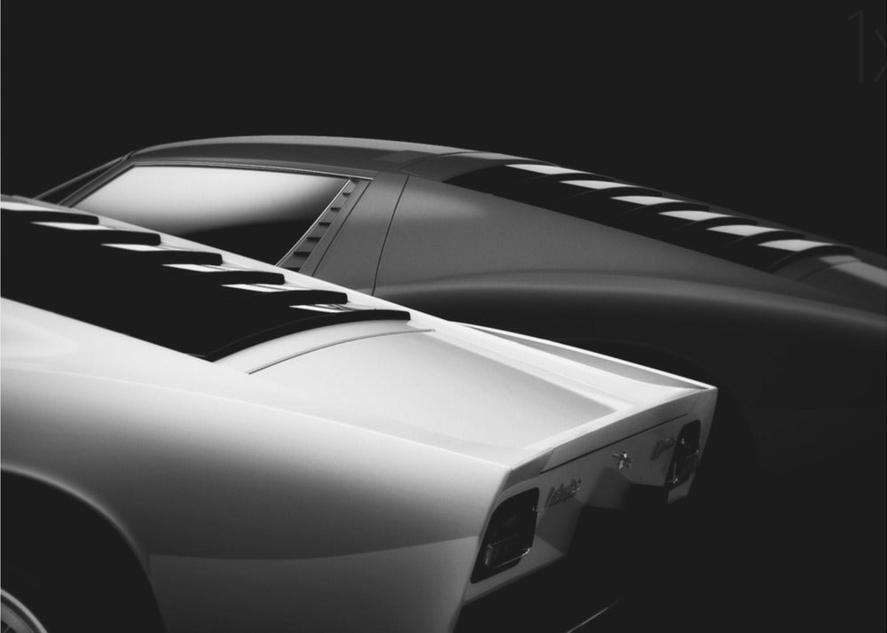 A dramatic black and white studio photograph showcasing the sleek, curved lines of two classic sports cars, with a white car in the foreground and a dark one in the background, set against a black backdrop. Wall Art