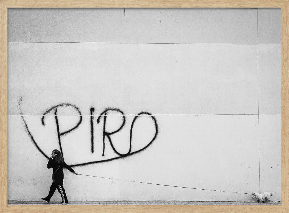 A minimalist black and white photograph of a woman dressed in black walking a small, fluffy white dog on a long leash. They are walking along a sidewalk in front of a large, pale wall with the word 'PIRO' written in black spray paint graffiti. The entire image is enclosed in a light grey frame. Poster