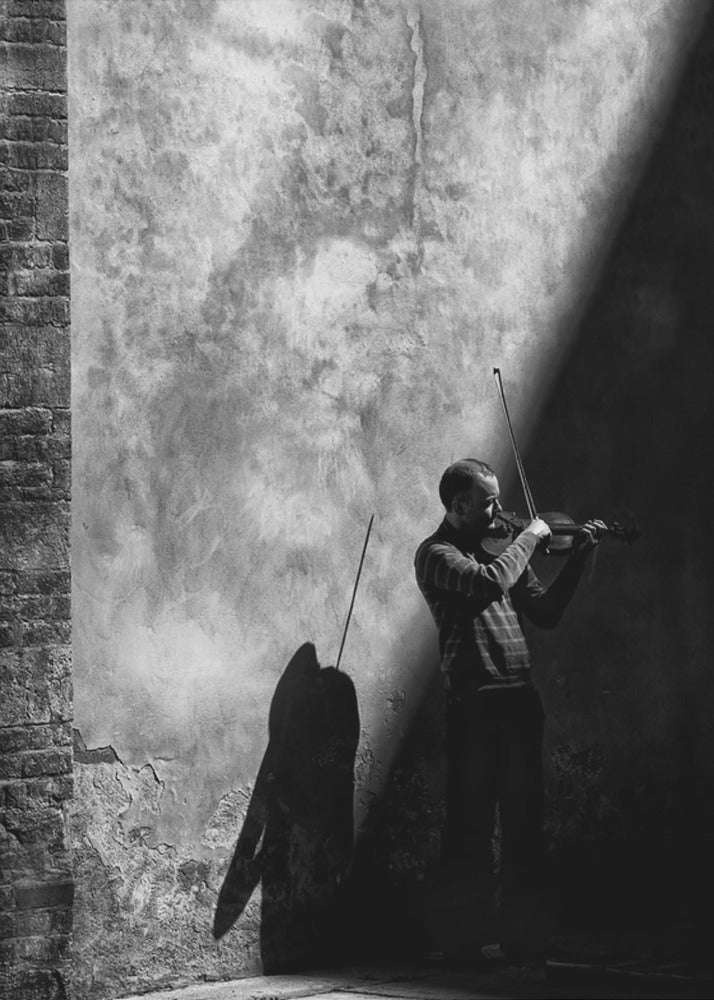 A dramatic black and white photograph of a man playing the violin, standing in a corner against a weathered wall. He is bathed in a sharp diagonal ray of light, casting a long, dark shadow behind him. Artwork