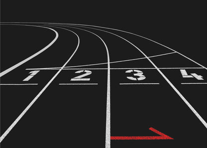 A framed, high-contrast photograph of a black running track's starting line. The lanes, marked with white lines, are numbered 1, 2, 3, and 4 and curve into the distance. A single red arrow points forward in the foreground, adding a pop of color to the monochrome scene. Poster