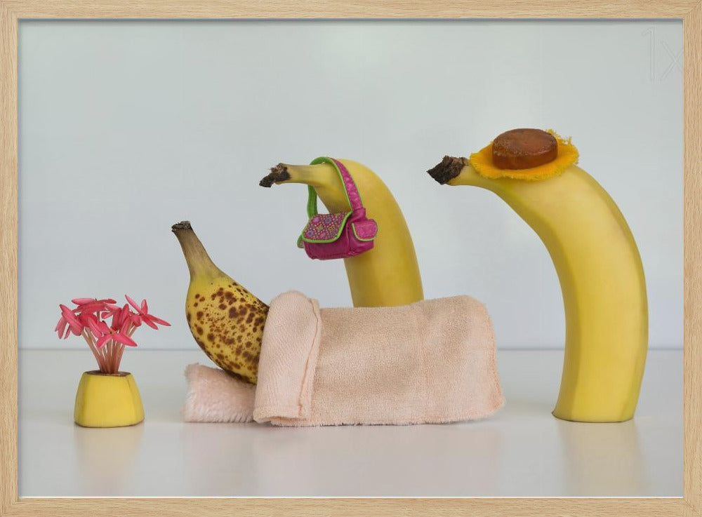 A whimsical still life photo featuring three bananas personified as a family or friends. One overripe, spotted banana lies down, covered by a pink towel, while another banana with a tiny pink purse and a third with a small hat seem to be visiting. A small vase with pink flowers sits nearby on the white surface. Poster