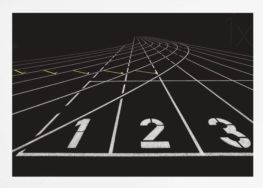 A framed, high-contrast graphic of a black running track from a low-angle perspective at the starting line. White lines delineate the lanes, with the numbers 1, 2, and 3 stenciled in the foreground. The track curves and recedes into the distance, creating a strong sense of perspective. Decor