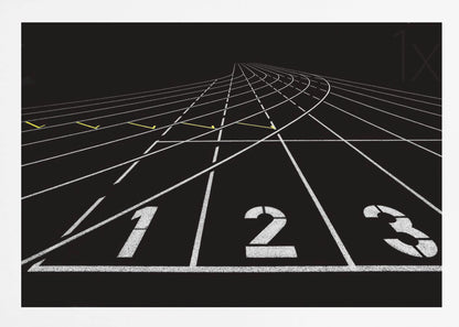 A framed, high-contrast graphic of a black running track from a low-angle perspective at the starting line. White lines delineate the lanes, with the numbers 1, 2, and 3 stenciled in the foreground. The track curves and recedes into the distance, creating a strong sense of perspective. Decor