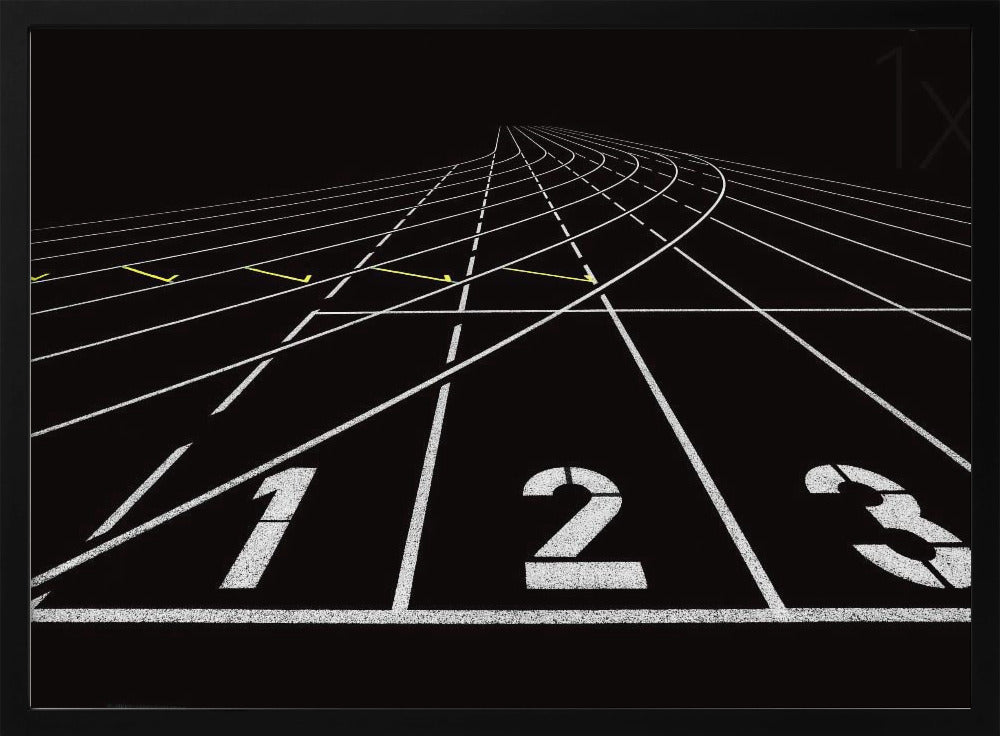 A framed, high-contrast graphic of a black running track from a low-angle perspective at the starting line. White lines delineate the lanes, with the numbers 1, 2, and 3 stenciled in the foreground. The track curves and recedes into the distance, creating a strong sense of perspective. Decor