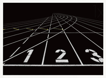 A framed, high-contrast graphic of a black running track from a low-angle perspective at the starting line. White lines delineate the lanes, with the numbers 1, 2, and 3 stenciled in the foreground. The track curves and recedes into the distance, creating a strong sense of perspective. Decor