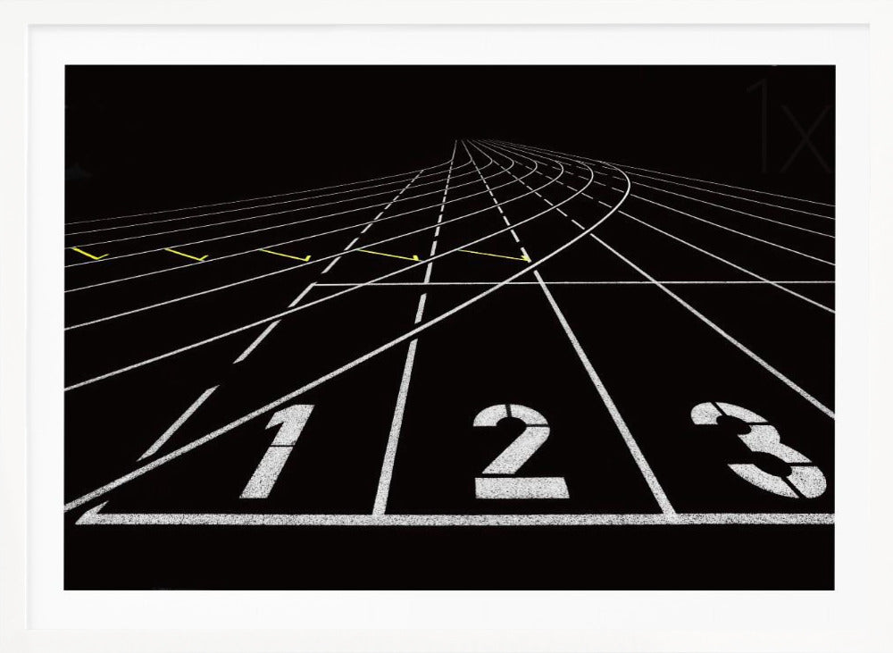 A framed, high-contrast graphic of a black running track from a low-angle perspective at the starting line. White lines delineate the lanes, with the numbers 1, 2, and 3 stenciled in the foreground. The track curves and recedes into the distance, creating a strong sense of perspective. Decor
