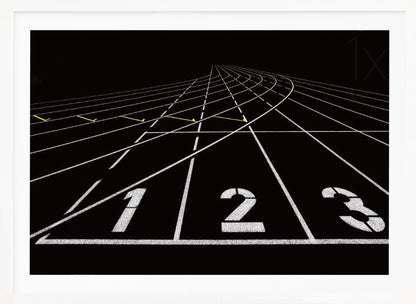 A framed, high-contrast graphic of a black running track from a low-angle perspective at the starting line. White lines delineate the lanes, with the numbers 1, 2, and 3 stenciled in the foreground. The track curves and recedes into the distance, creating a strong sense of perspective. Decor