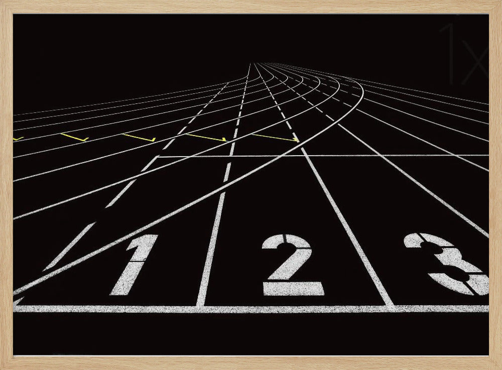 A framed, high-contrast graphic of a black running track from a low-angle perspective at the starting line. White lines delineate the lanes, with the numbers 1, 2, and 3 stenciled in the foreground. The track curves and recedes into the distance, creating a strong sense of perspective. Decor