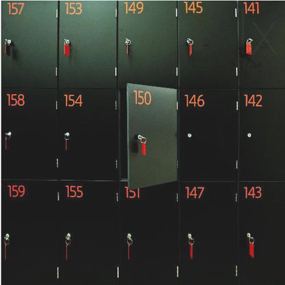A head-on shot of a grid of black lockers inside a light wood frame. Each locker has a bright orange number and a key with a red tag. Locker number 150 is open, creating a focal point in the otherwise uniform pattern. Wall Art