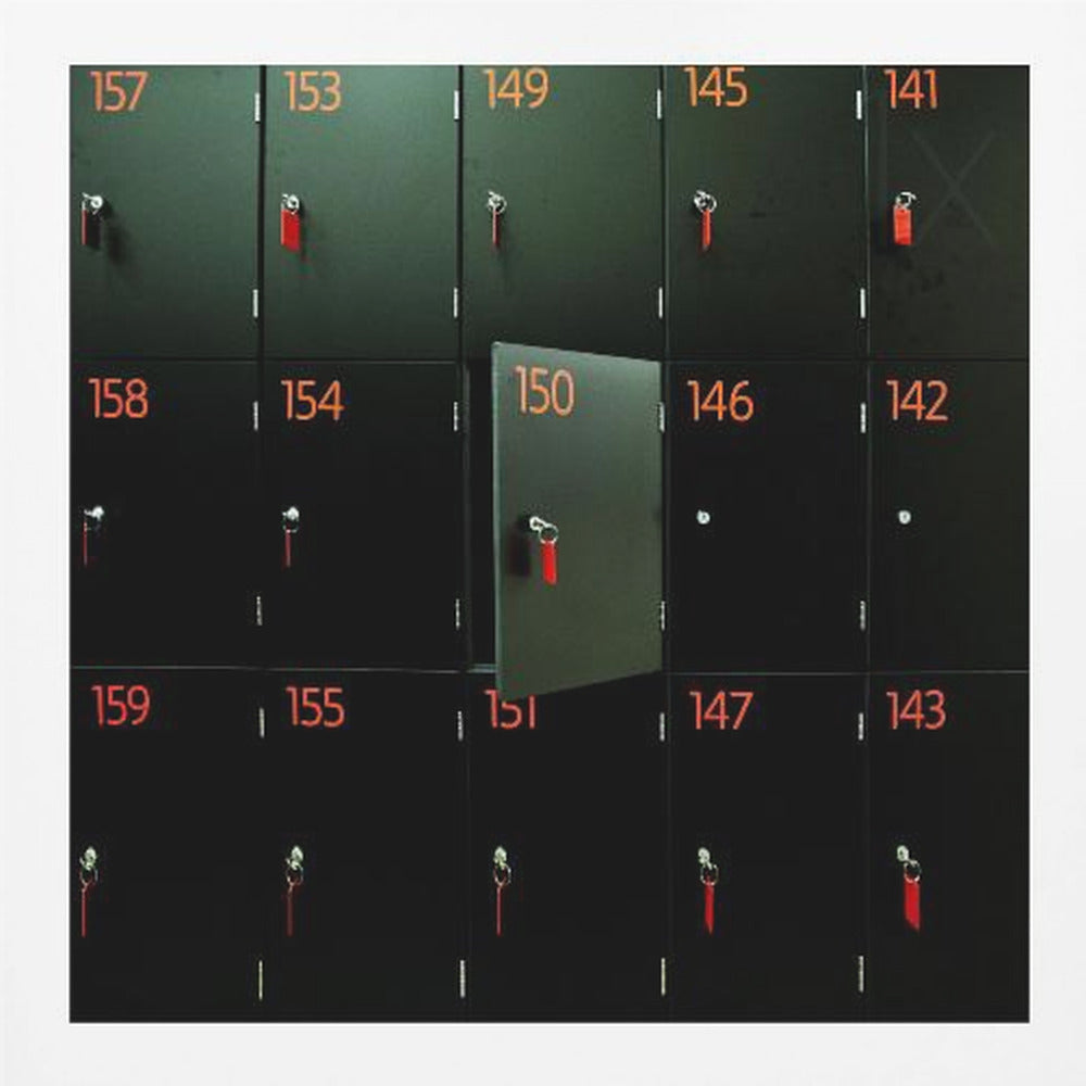A head-on shot of a grid of black lockers inside a light wood frame. Each locker has a bright orange number and a key with a red tag. Locker number 150 is open, creating a focal point in the otherwise uniform pattern. Wall Art