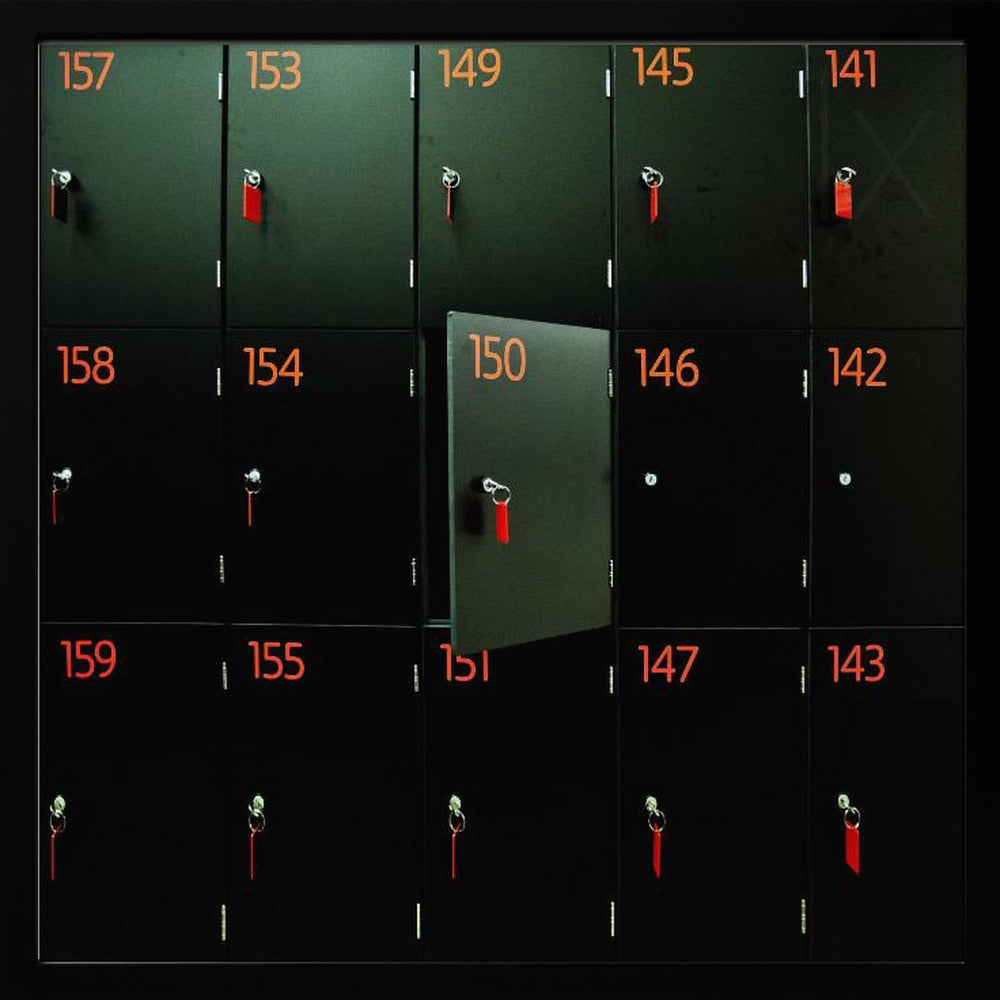A head-on shot of a grid of black lockers inside a light wood frame. Each locker has a bright orange number and a key with a red tag. Locker number 150 is open, creating a focal point in the otherwise uniform pattern. Wall Art