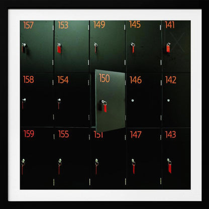 A head-on shot of a grid of black lockers inside a light wood frame. Each locker has a bright orange number and a key with a red tag. Locker number 150 is open, creating a focal point in the otherwise uniform pattern. Wall Art