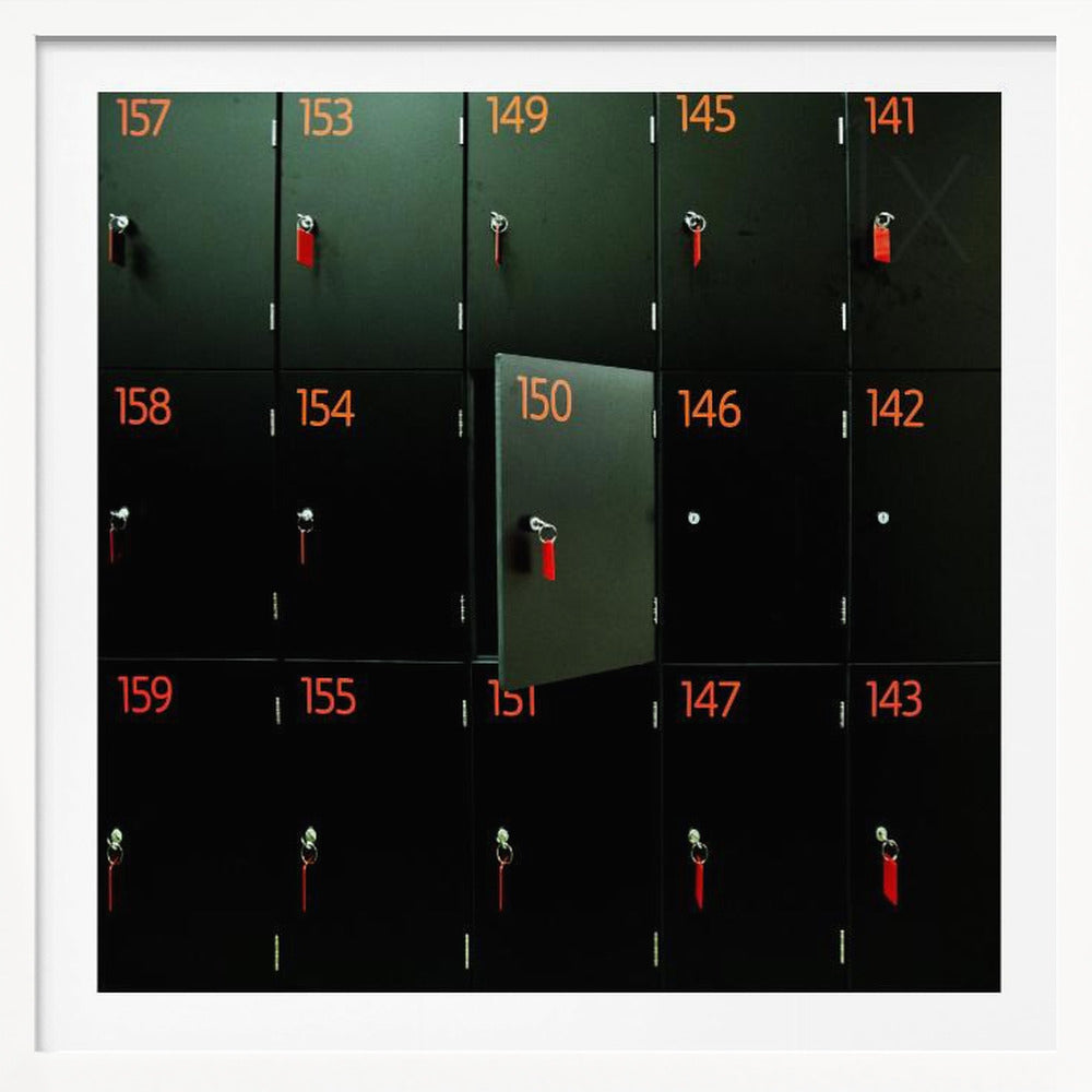 A head-on shot of a grid of black lockers inside a light wood frame. Each locker has a bright orange number and a key with a red tag. Locker number 150 is open, creating a focal point in the otherwise uniform pattern. Wall Art