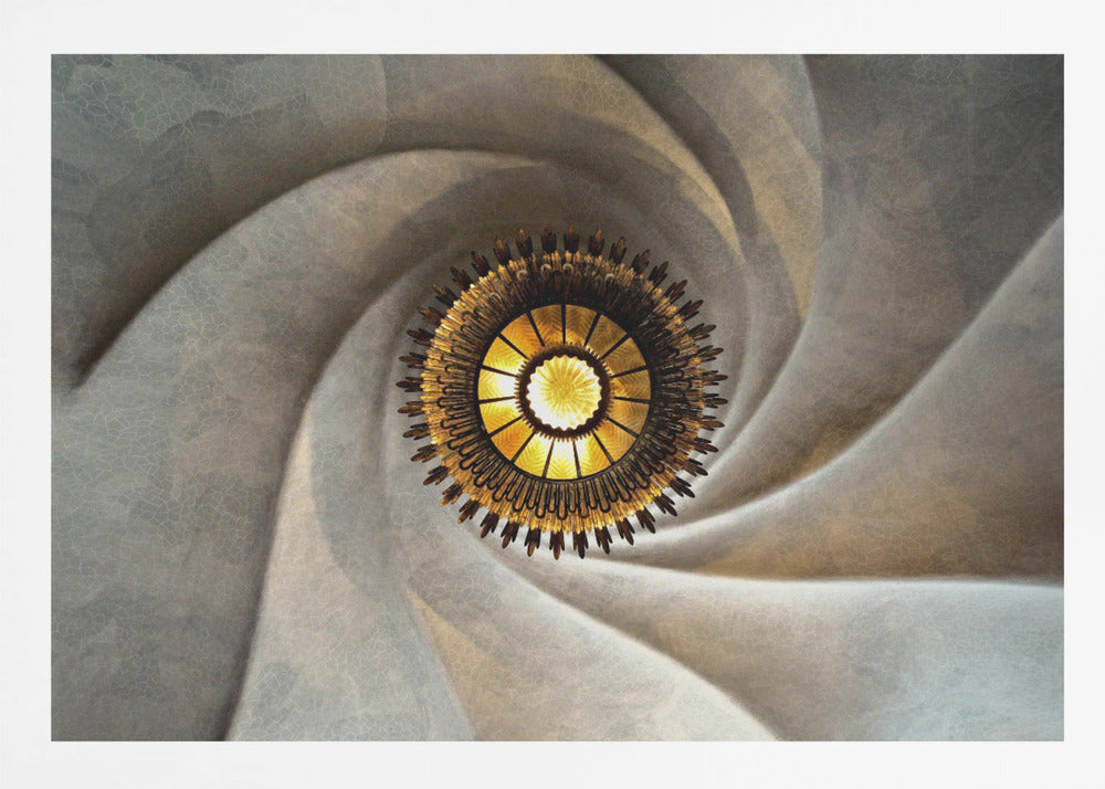 A low-angle, centered photograph looking up at an ornate, golden sunburst chandelier hanging from the vortex of a swirling, textured cream-colored ceiling, enclosed in a silver frame. Poster
