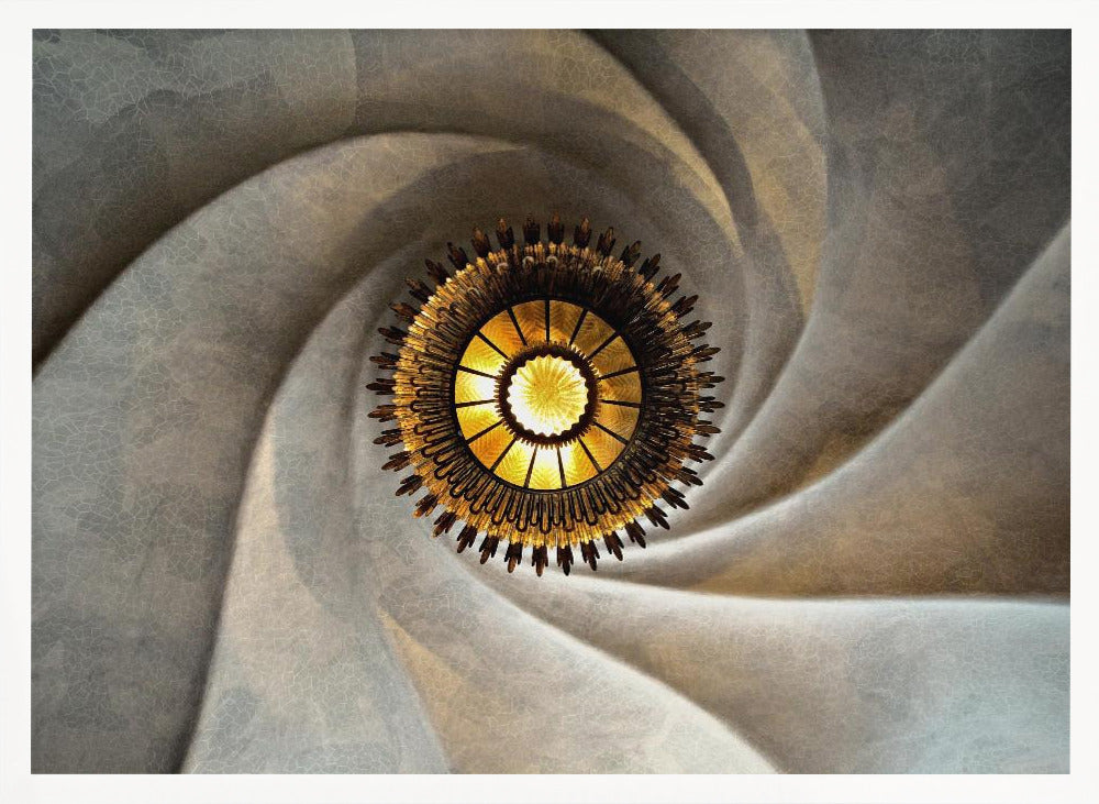 A low-angle, centered photograph looking up at an ornate, golden sunburst chandelier hanging from the vortex of a swirling, textured cream-colored ceiling, enclosed in a silver frame. Poster