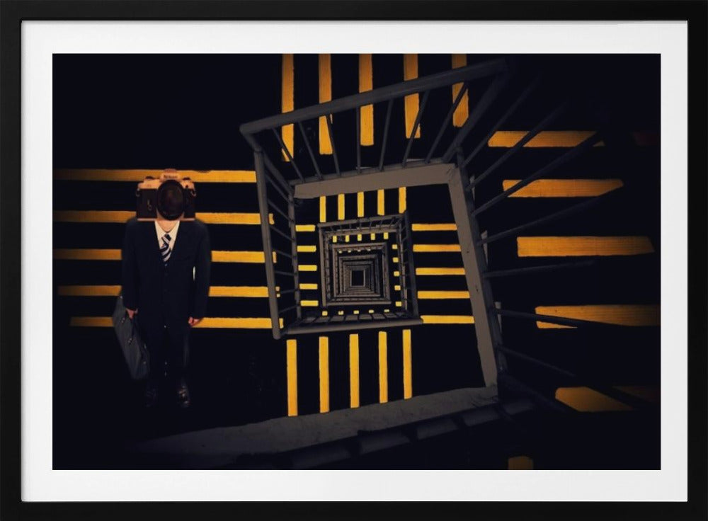 A surreal high-angle view looking down an infinite square spiral staircase with black steps and bold yellow stripes. On a landing stands a man in a dark suit and tie, holding a briefcase, with a vintage camera in place of his head. Artwork