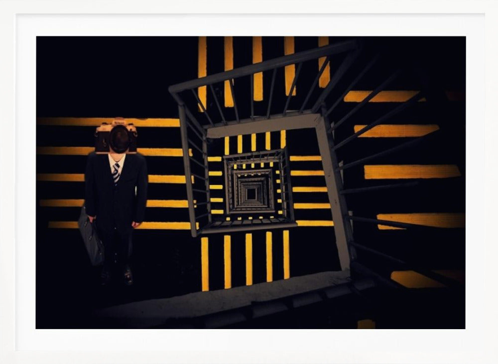A surreal high-angle view looking down an infinite square spiral staircase with black steps and bold yellow stripes. On a landing stands a man in a dark suit and tie, holding a briefcase, with a vintage camera in place of his head. Artwork