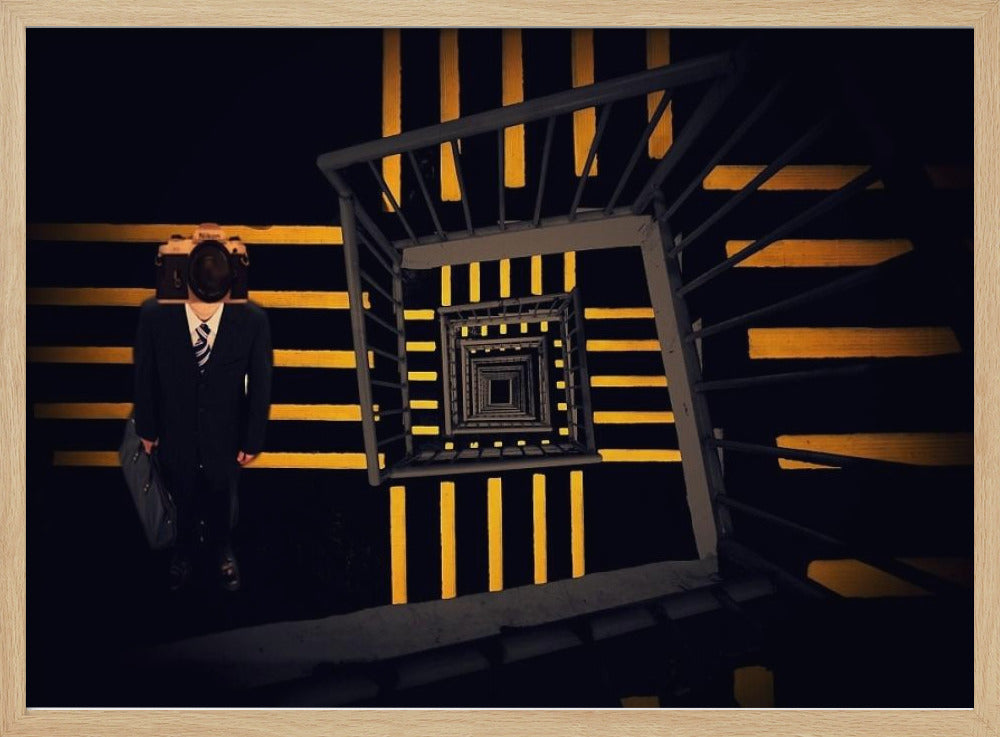 A surreal high-angle view looking down an infinite square spiral staircase with black steps and bold yellow stripes. On a landing stands a man in a dark suit and tie, holding a briefcase, with a vintage camera in place of his head. Artwork