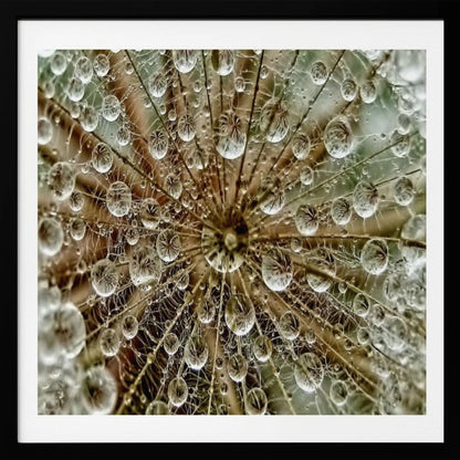 A framed macro photograph of a dandelion seed head covered in sparkling water droplets. The perspective is from the center of the flower, looking out at the radiating seeds and their delicate pappus, with each droplet reflecting the intricate structure. Artwork