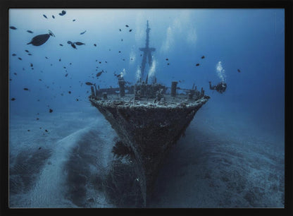 An underwater photograph of a large, sunken shipwreck resting on the sandy ocean floor. Two scuba divers are exploring the wreck, surrounded by schools of small fish in the deep blue water, with light filtering down from the surface. Print
