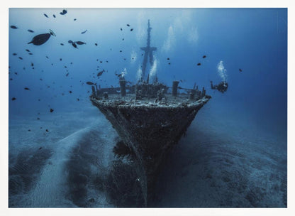 An underwater photograph of a large, sunken shipwreck resting on the sandy ocean floor. Two scuba divers are exploring the wreck, surrounded by schools of small fish in the deep blue water, with light filtering down from the surface. Print