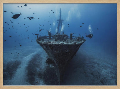 An underwater photograph of a large, sunken shipwreck resting on the sandy ocean floor. Two scuba divers are exploring the wreck, surrounded by schools of small fish in the deep blue water, with light filtering down from the surface. Print