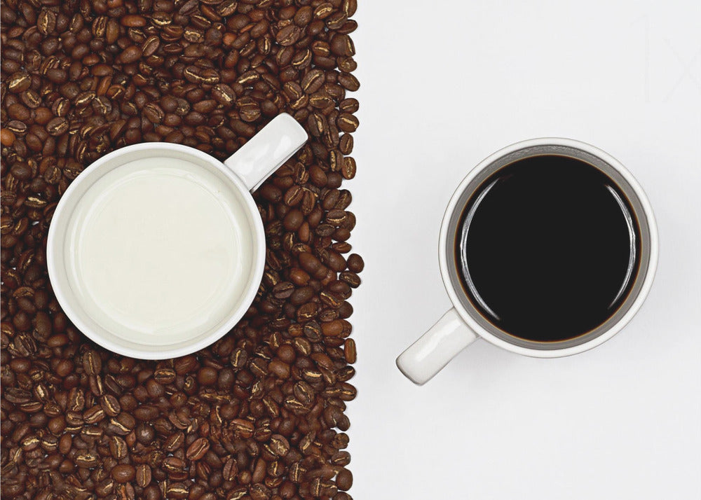 A top-down, split-screen photograph showing a contrast between coffee and milk. On the left, a white mug of milk sits on a bed of roasted coffee beans. On the right, a white mug of black coffee rests on a clean white background, creating a stark visual divide. Artwork