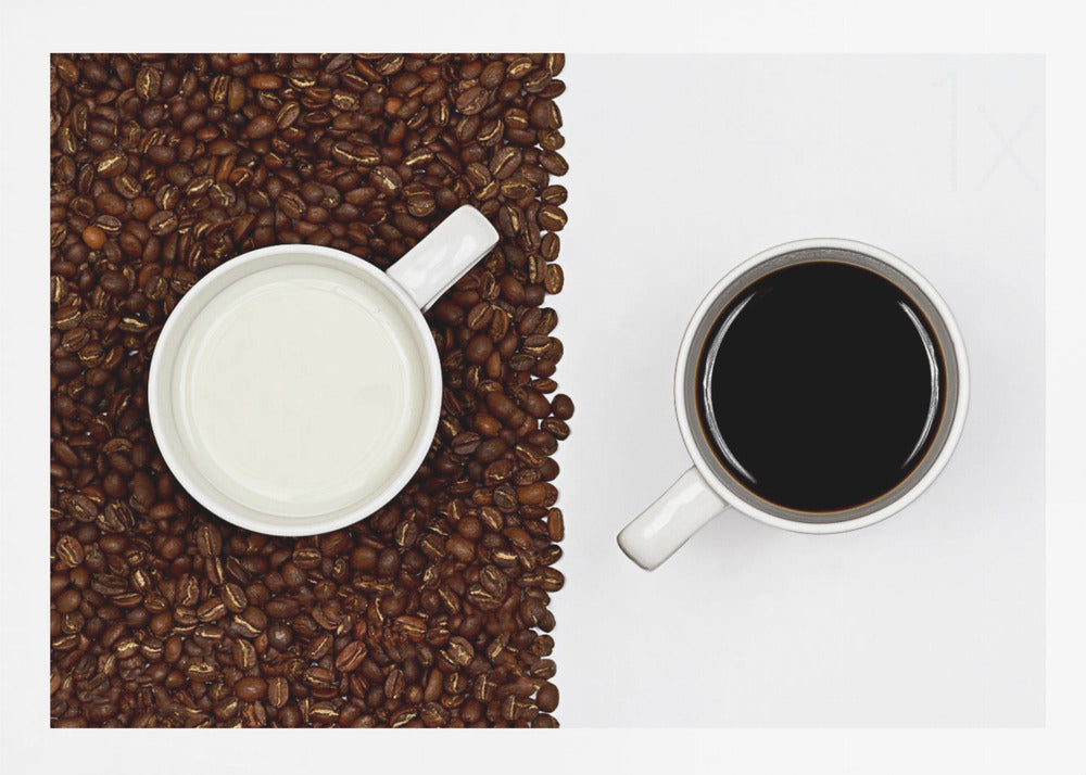 A top-down, split-screen photograph showing a contrast between coffee and milk. On the left, a white mug of milk sits on a bed of roasted coffee beans. On the right, a white mug of black coffee rests on a clean white background, creating a stark visual divide. Artwork