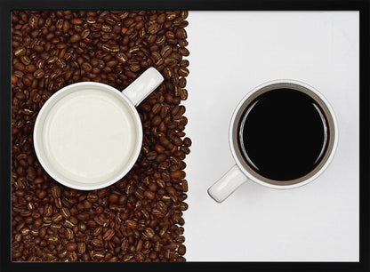 A top-down, split-screen photograph showing a contrast between coffee and milk. On the left, a white mug of milk sits on a bed of roasted coffee beans. On the right, a white mug of black coffee rests on a clean white background, creating a stark visual divide. Artwork