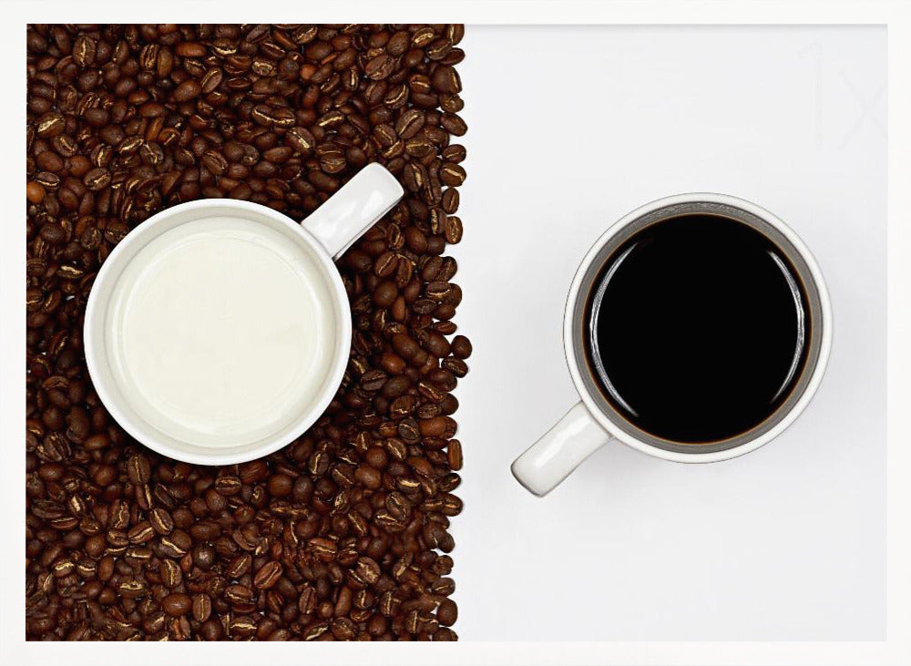 A top-down, split-screen photograph showing a contrast between coffee and milk. On the left, a white mug of milk sits on a bed of roasted coffee beans. On the right, a white mug of black coffee rests on a clean white background, creating a stark visual divide. Artwork