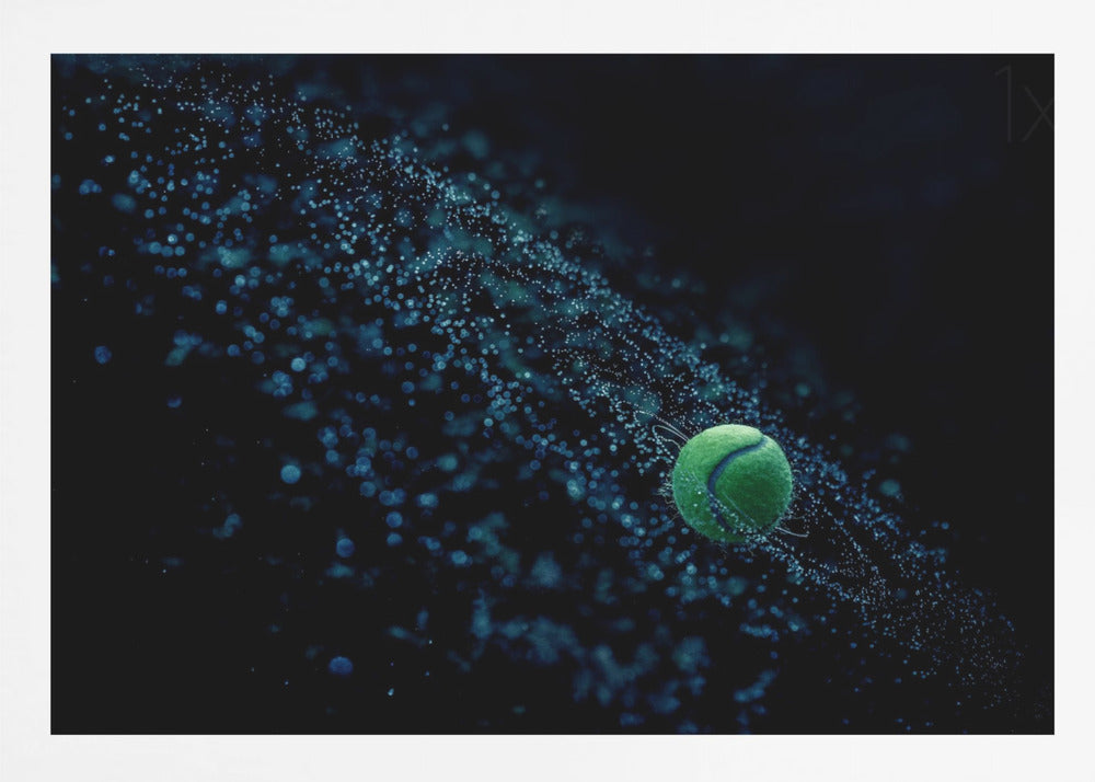 A high-speed photograph captures a spinning green tennis ball against a black background, with a dramatic spray of blue-lit water droplets flying off it in a cosmic-like spiral. Artwork