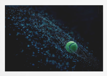 A high-speed photograph captures a spinning green tennis ball against a black background, with a dramatic spray of blue-lit water droplets flying off it in a cosmic-like spiral. Artwork