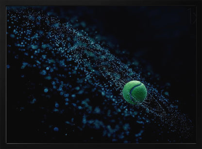 A high-speed photograph captures a spinning green tennis ball against a black background, with a dramatic spray of blue-lit water droplets flying off it in a cosmic-like spiral. Artwork